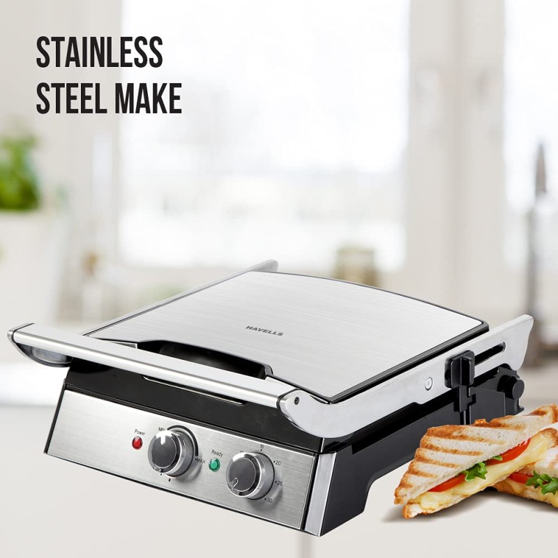 Havells Toastino 4 Slice Grill and Bbq Timer With Dual Function-Sandwich Maker and Griller | Non Stick Coated Grill Plates | 180 Degree Open Grill | Temperature Control | Stainless Steel |, 2000 Watts
