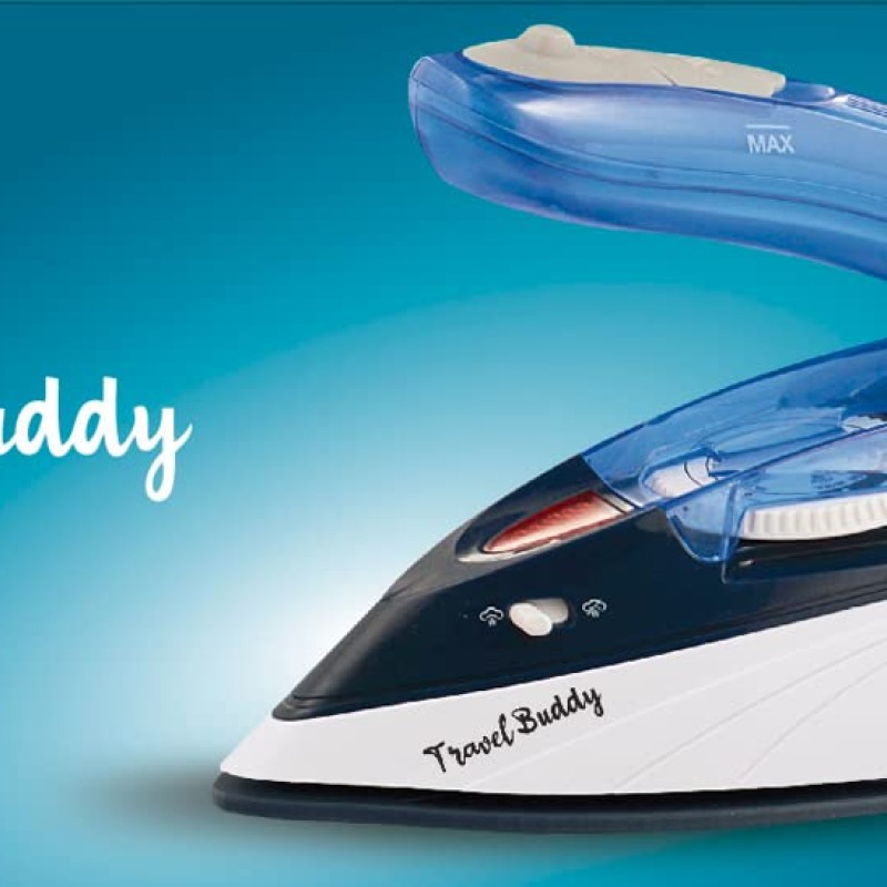 Havells Plastic Travel Buddy 800 Watt Steam Iron With Steam Burst, Cermanic Sole Plate, Foladable Handle, Horizontal and Vertical Steaming, 2 Years Warranty. (Blue Grey), 800 Watts