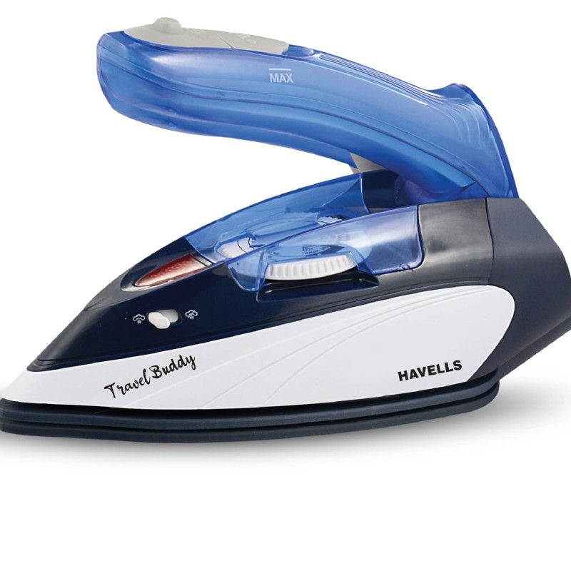 Havells Plastic Travel Buddy 800 Watt Steam Iron With Steam Burst, Cermanic Sole Plate, Foladable Handle, Horizontal and Vertical Steaming, 2 Years Warranty. (Blue Grey), 800 Watts