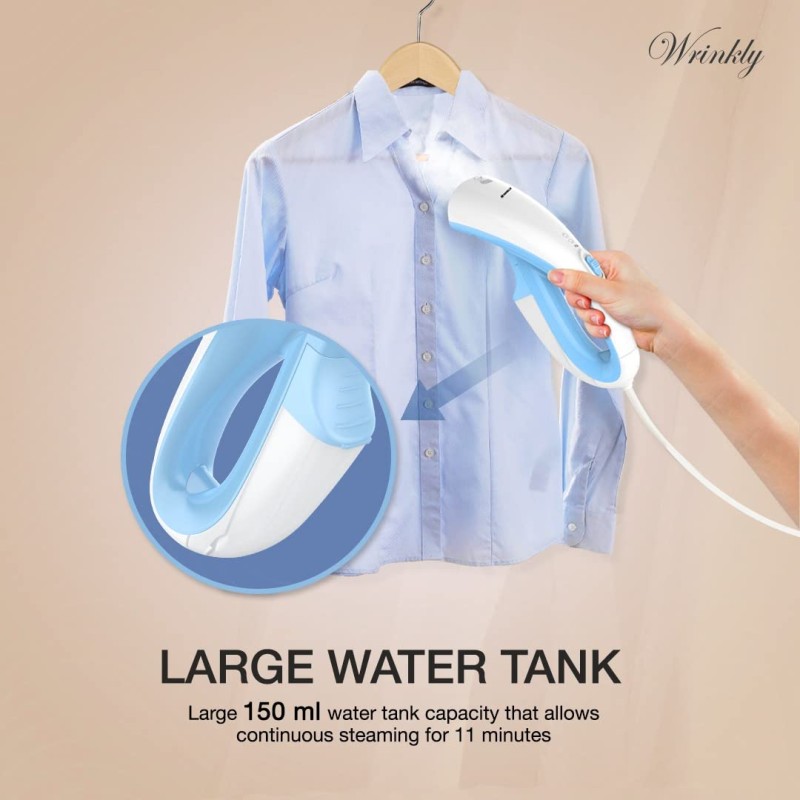 Havells Wrinkly Hand Held Garment Steamer 920 Watts - Ergonomic Design,150Ml Tank Capacity, Powerful Dual Steam Setting and 2 Year Warranty (Blue And White)
