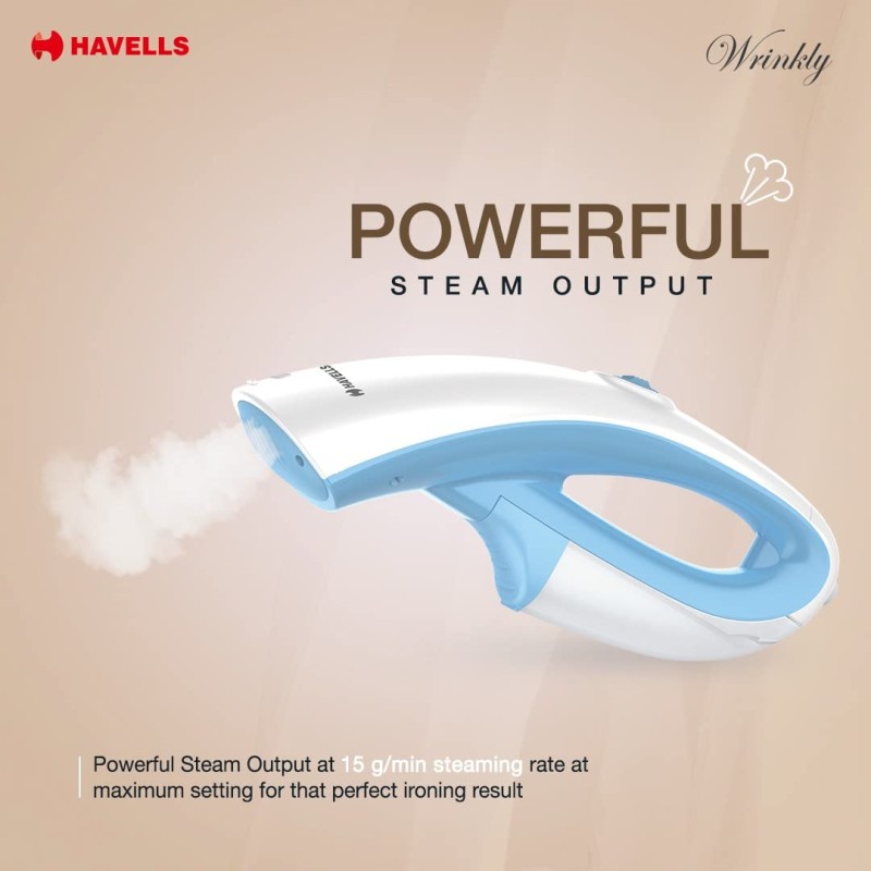 Havells Wrinkly Hand Held Garment Steamer 920 Watts - Ergonomic Design,150Ml Tank Capacity, Powerful Dual Steam Setting and 2 Year Warranty (Blue And White)