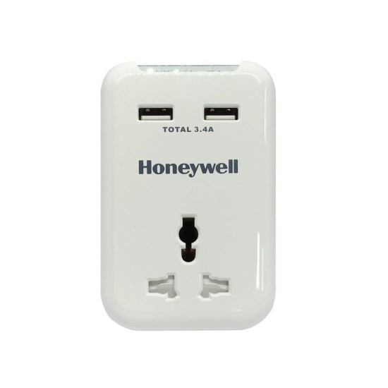 Honeywell Travel Surge, 1 Universal Socket+2 USB Ports, 12000Amp, Charge On The Go, Device Secure Warranty, X3 Fireproof MOV tech, Spike Guard, 3 Year Manufacturer Warranty