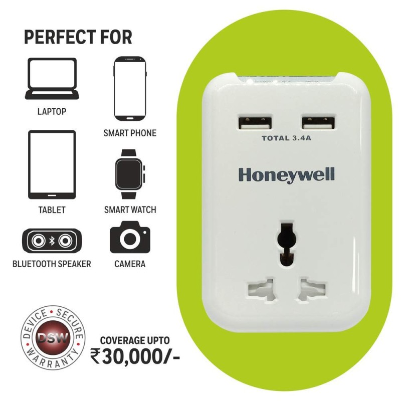 Honeywell Travel Surge, 1 Universal Socket+2 USB Ports, 12000Amp, Charge On The Go, Device Secure Warranty, X3 Fireproof MOV tech, Spike Guard, 3 Year Manufacturer Warranty Honeywell Travel Surge, 1 Universal Socket+2 USB Ports, 12000Amp, Charge On The Go, Device Secure Warranty, X3 Fireproof MOV tech, Spike Guard, 3 Year Manufacturer Warranty