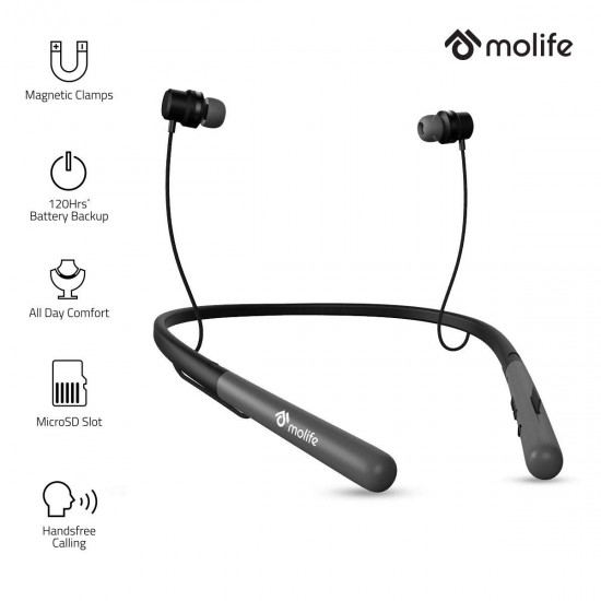 Molife Boomerang Wireless Sports Neckband Bluetooth in-Ear Earphones with Mic (Black)