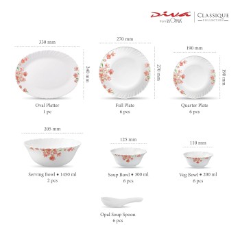 La Opala Diva Classique Collection Opal Glass Crockery | for Family of 6 | Dinner Set 33 pcs Aster Pink | Plates and Bowls for Dining | Microwave Safe | 100% Vegetarian | Extra Strong | White