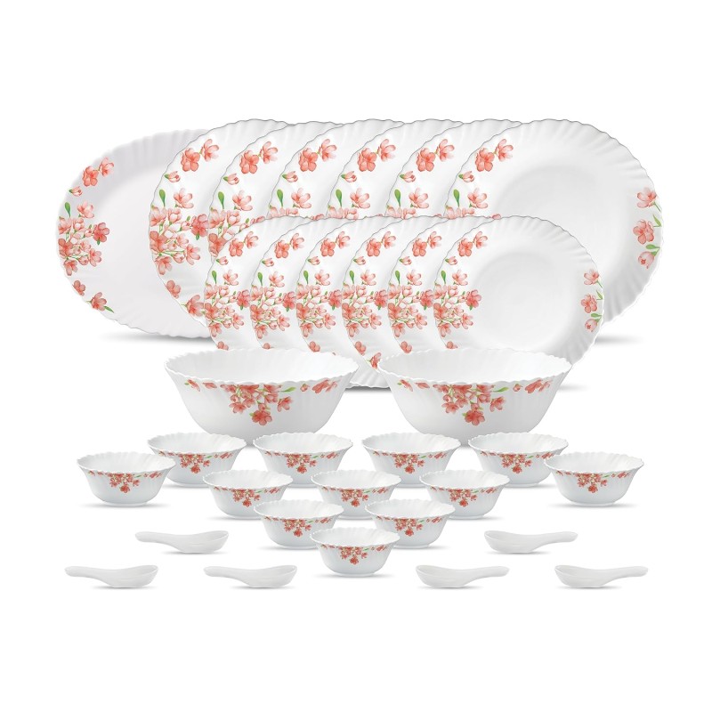 La Opala Diva Classique Collection Opal Glass Crockery | for Family of 6 | Dinner Set 33 pcs Aster Pink | Plates and Bowls for Dining | Microwave Safe | 100% Vegetarian | Extra Strong | White