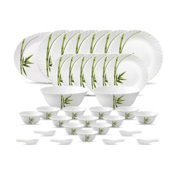 La Opala Diva Classique Collection Opal Glass Crockery | for Family of 6 | Dinner Set 33 pcs Fluted Green | Plates and Bowls for Dining | Microwave Safe | 100% Vegetarian | Extra Strong | White