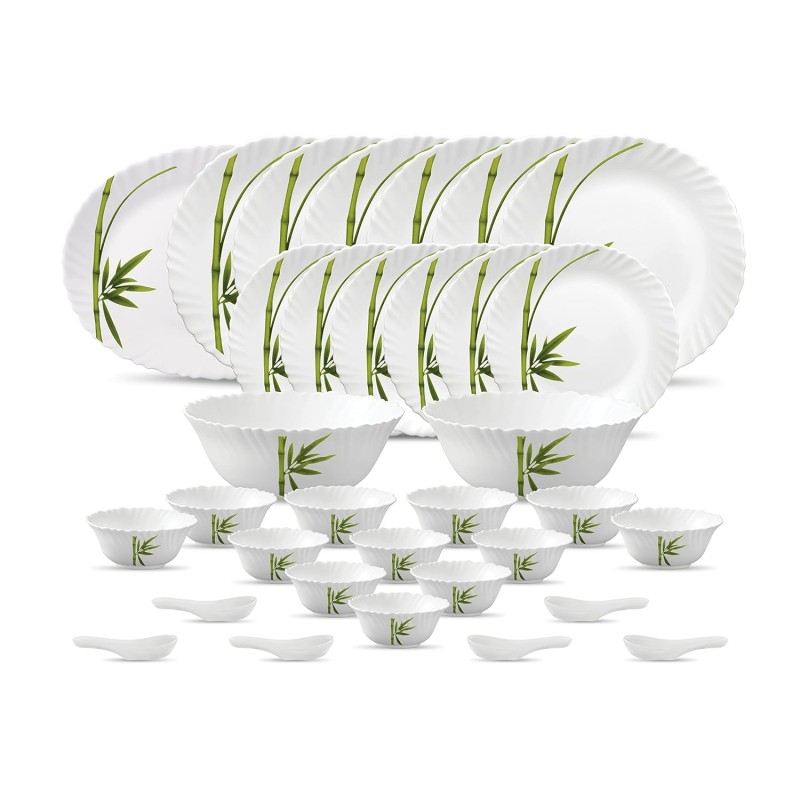 La Opala Diva Classique Collection Opal Glass Crockery | for Family of 6 | Dinner Set 33 pcs Fluted Green | Plates and Bowls for Dining | Microwave Safe | 100% Vegetarian | Extra Strong | White