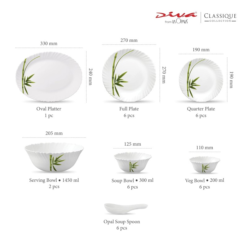 La Opala Diva Classique Collection Opal Glass Crockery | for Family of 6 | Dinner Set 33 pcs Fluted Green | Plates and Bowls for Dining | Microwave Safe | 100% Vegetarian | Extra Strong | White