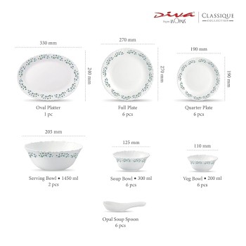 La Opala Diva Classique Collection Opal Glass Crockery | for Family of 6 | Dinner Set 33 pcs Lavender Dew | Plates and Bowls for Dining | Microwave Safe | 100% Vegetarian | Extra Strong | White