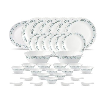 La Opala Diva Classique Collection Opal Glass Crockery | for Family of 6 | Dinner Set 33 pcs Lavender Dew | Plates and Bowls for Dining | Microwave Safe | 100% Vegetarian | Extra Strong | White