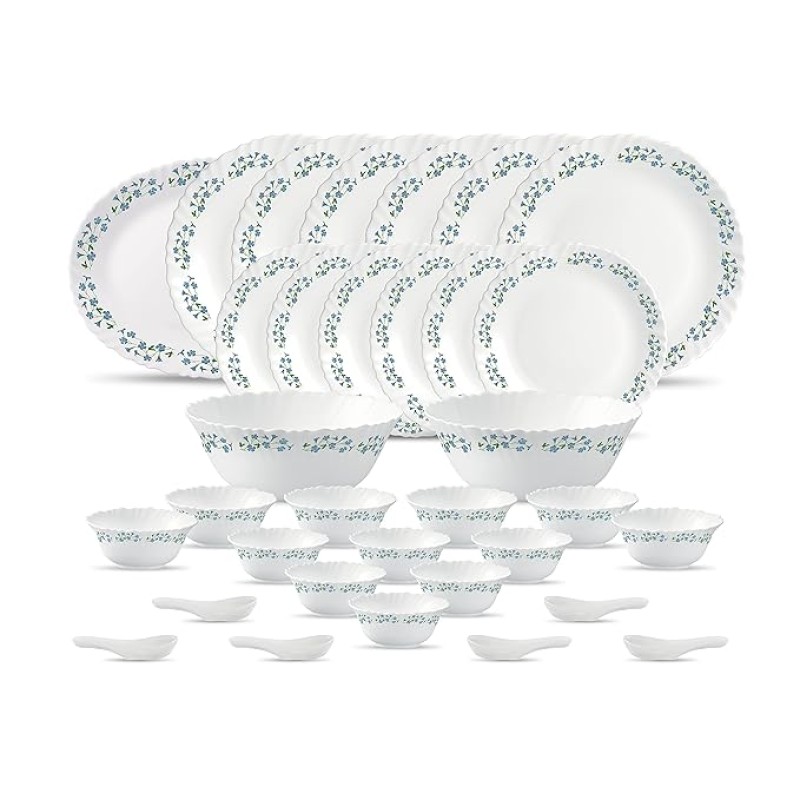 La Opala Diva Classique Collection Opal Glass Crockery | for Family of 6 | Dinner Set 33 pcs Lavender Dew | Plates and Bowls for Dining | Microwave Safe | 100% Vegetarian | Extra Strong | White