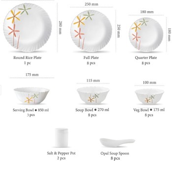 La Opala, Novo Collection, Opal Glass Dinner Set 46pcs, Autumn Flower, White