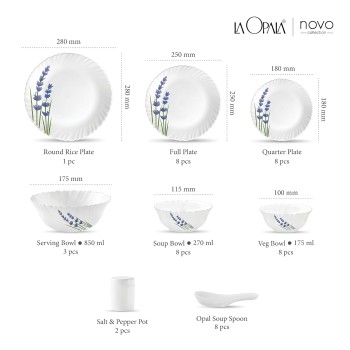 La Opala Novo Collection Opal Glass Crockery | for Family of 8 | Dinner Set 46 pcs English Lavender | Plates and Bowls for Dining | Microwave Safe | 100% Vegetarian | Extra Strong | Light and White