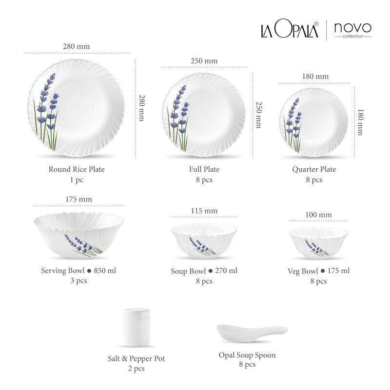 La Opala Novo Collection Opal Glass Crockery | for Family of 8 | Dinner Set 46 pcs English Lavender | Plates and Bowls for Dining | Microwave Safe | 100% Vegetarian | Extra Strong | Light and White