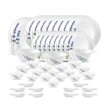 La Opala Novo Collection Opal Glass Crockery | for Family of 8 | Dinner Set 46 pcs English Lavender | Plates and Bowls for Dining | Microwave Safe | 100% Vegetarian | Extra Strong | Light and White