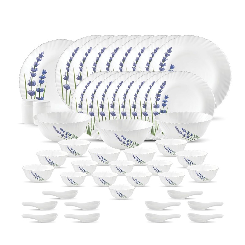 La Opala Novo Collection Opal Glass Crockery | for Family of 8 | Dinner Set 46 pcs English Lavender | Plates and Bowls for Dining | Microwave Safe | 100% Vegetarian | Extra Strong | Light and White