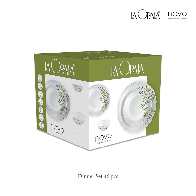 La Opala Novo Collection Opal Glass Crockery | for Family of 8 | Dinner Set 46 pcs Lush Green | Plates and Bowls for Dining | Microwave Safe | 100% Vegetarian | Extra Strong | Light and White
