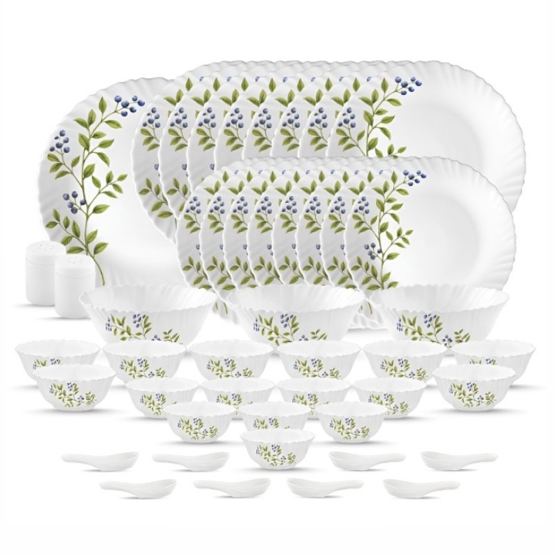La Opala Novo Collection Opal Glass Crockery | for Family of 8 | Dinner Set 46 pcs Lush Green | Plates and Bowls for Dining | Microwave Safe | 100% Vegetarian | Extra Strong | Light and White