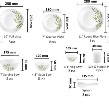 La Opala Novo Collection Opal Glass Crockery | for Family of 8 | Dinner Set 46 pcs Lush Green | Plates and Bowls for Dining | Microwave Safe | 100% Vegetarian | Extra Strong | Light and White