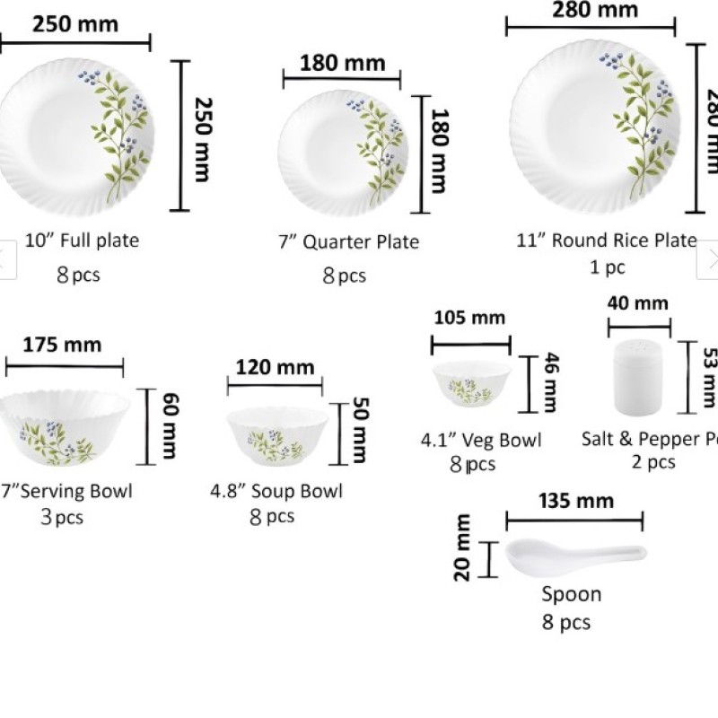 La Opala Novo Collection Opal Glass Crockery | for Family of 8 | Dinner Set 46 pcs Lush Green | Plates and Bowls for Dining | Microwave Safe | 100% Vegetarian | Extra Strong | Light and White