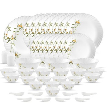 La Opala Novo Collection Opal Glass Crockery | for Family of 8 | Dinner Set 46 pcs Vivid Greens | Plates and Bowls for Dining | Microwave Safe | 100% Vegetarian | Extra Strong | Light and White