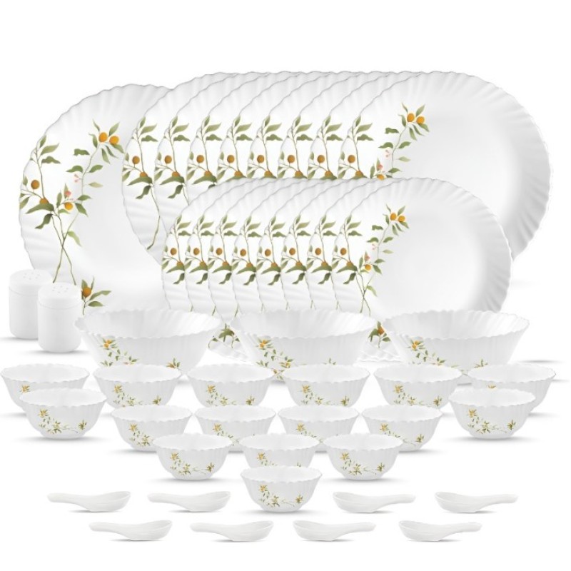 La Opala Novo Collection Opal Glass Crockery | for Family of 8 | Dinner Set 46 pcs Vivid Greens | Plates and Bowls for Dining | Microwave Safe | 100% Vegetarian | Extra Strong | Light and White