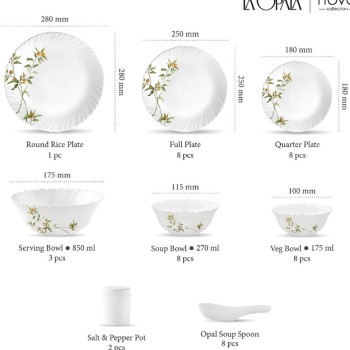La Opala Novo Collection Opal Glass Crockery | for Family of 8 | Dinner Set 46 pcs Vivid Greens | Plates and Bowls for Dining | Microwave Safe | 100% Vegetarian | Extra Strong | Light and White