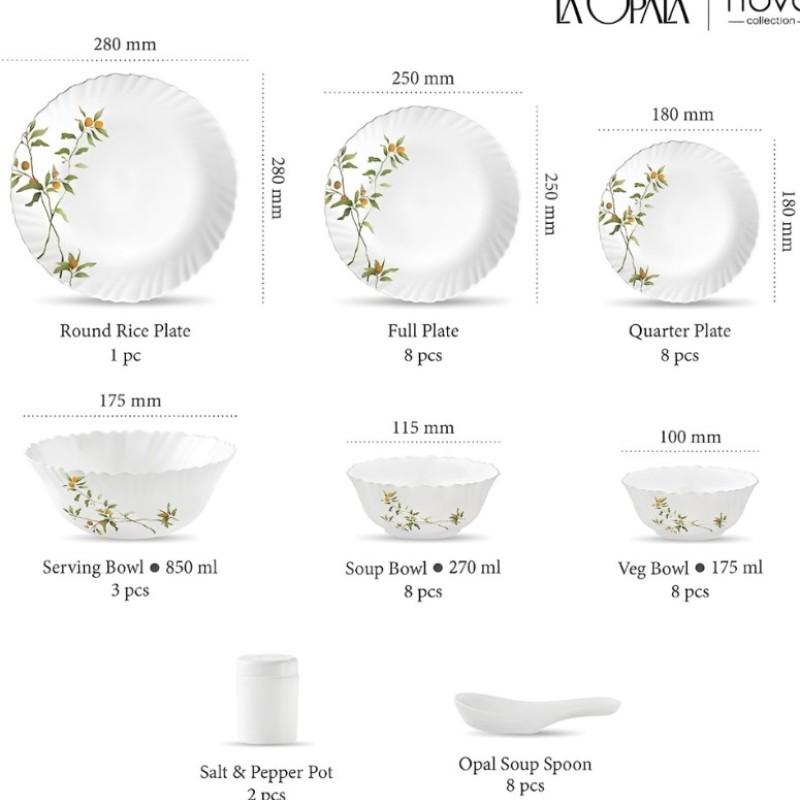 La Opala Novo Collection Opal Glass Crockery | for Family of 8 | Dinner Set 46 pcs Vivid Greens | Plates and Bowls for Dining | Microwave Safe | 100% Vegetarian | Extra Strong | Light and White
