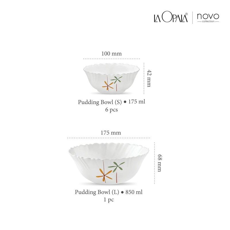 La Opala Novo Collection Opal Glass Crockery | Gift Set of 7 | Pudding Set 7 pcs Autumn Flower | Bowls for Desserts and Gifting | Microwave Safe | 100% Vegetarian | Extra Strong | Light and White