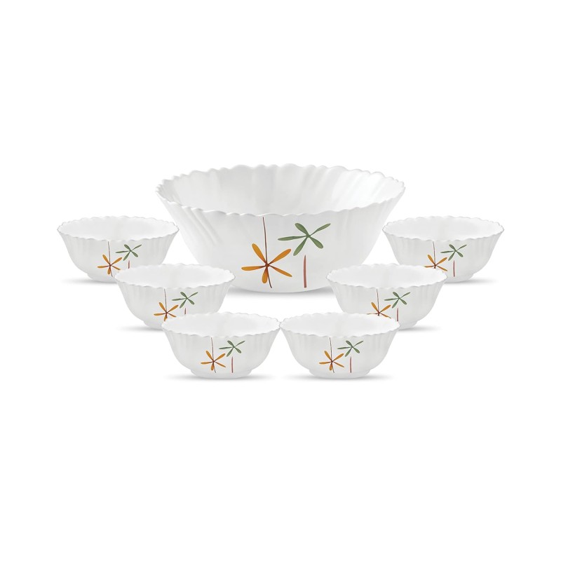 La Opala Novo Collection Opal Glass Crockery | Gift Set of 7 | Pudding Set 7 pcs Autumn Flower | Bowls for Desserts and Gifting | Microwave Safe | 100% Vegetarian | Extra Strong | Light and White