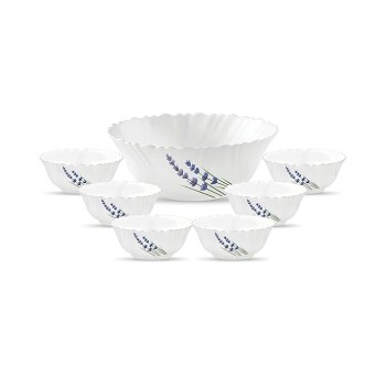 La Opala Novo Collection Opal Glass Crockery | Gift Set of 7 | Pudding Set 7 pcs English Lavender | Bowls for Desserts and Gifting | Microwave Safe | 100% Vegetarian | Extra Strong | Light and White