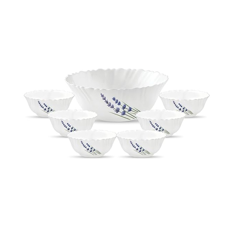 La Opala Novo Collection Opal Glass Crockery | Gift Set of 7 | Pudding Set 7 pcs English Lavender | Bowls for Desserts and Gifting | Microwave Safe | 100% Vegetarian | Extra Strong | Light and White