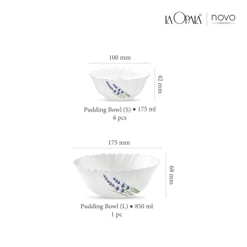 La Opala Novo Collection Opal Glass Crockery | Gift Set of 7 | Pudding Set 7 pcs English Lavender | Bowls for Desserts and Gifting | Microwave Safe | 100% Vegetarian | Extra Strong | Light and White