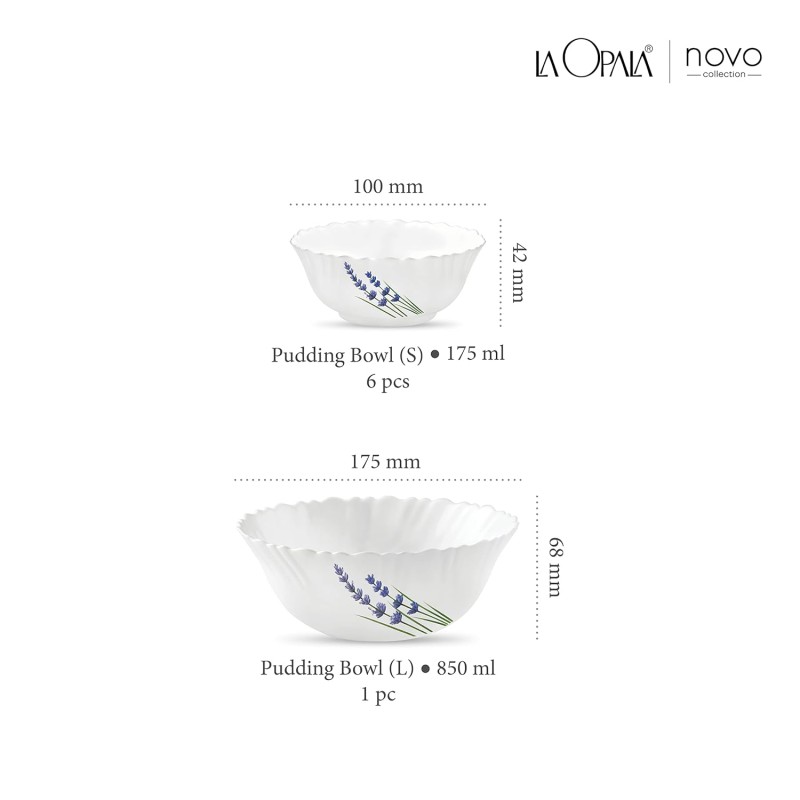 La Opala Novo Collection Opal Glass Crockery | Gift Set of 7 | Pudding Set 7 pcs English Lavender | Bowls for Desserts and Gifting | Microwave Safe | 100% Vegetarian | Extra Strong | Light and White