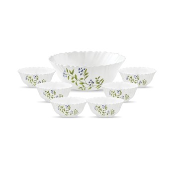 La Opala Novo Collection Opal Glass Crockery | Gift Set of 7 | Pudding Set 7 pcs Lush Greens | bowls for desserts and gifting | Microwave Safe | 100% Vegetarian | Extra Strong | Light and White