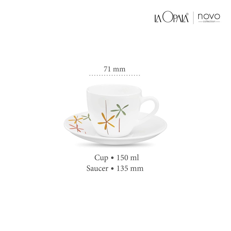 La Opala, Novo Collection Opal Glass Crockery | Cup and Saucer Lily, Set of 12 | Autumn Flower, 150 ml | for Tea and Coffee | Microwave Safe | 100% Vegetarian | Extra Strong | Super Light | Super White