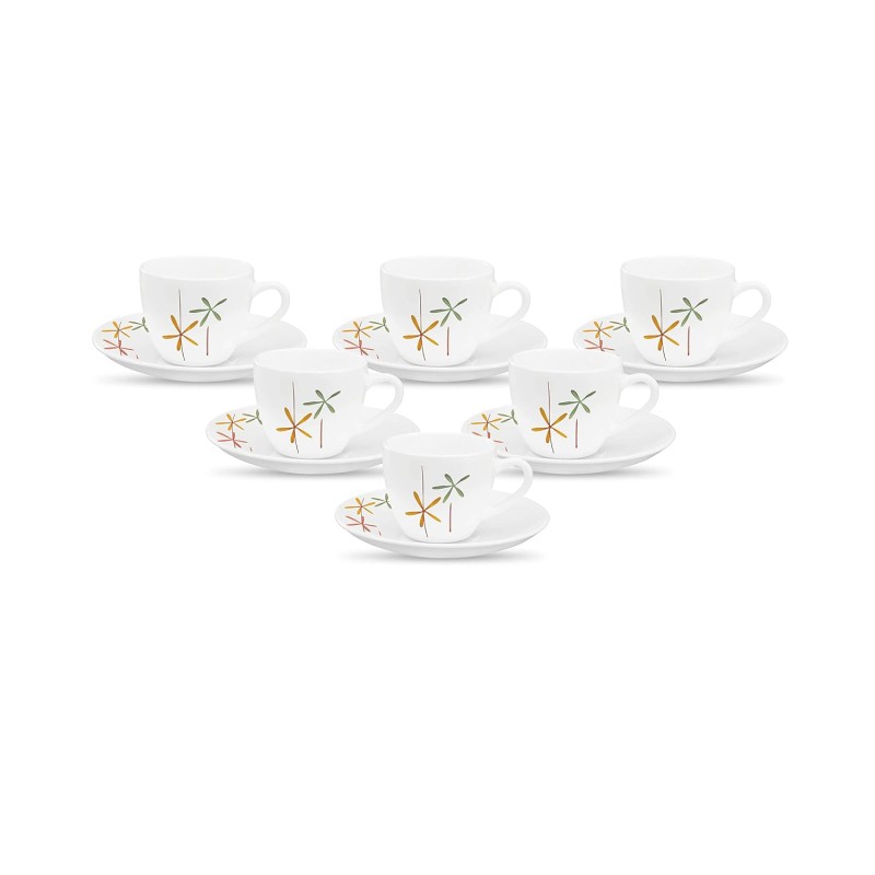 La Opala, Novo Collection Opal Glass Crockery | Cup and Saucer Lily, Set of 12 | Autumn Flower, 150 ml | for Tea and Coffee | Microwave Safe | 100% Vegetarian | Extra Strong | Super Light | Super White