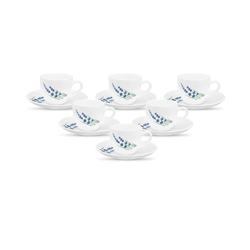 La Opala, Novo Collection Opal Glass Crockery | Cup and Saucer Lily, Set of 12 | English Lavender, 150 ml | for Tea and Coffee | Microwave Safe | 100% Vegetarian | Extra Strong | Super Light | Super White