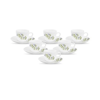 La Opala, Novo Collection Opal Glass Crockery | Cup and Saucer Lily, Set of 12 | Lush Greens, 150 ml | for Tea and Coffee | Microwave Safe | 100% Vegetarian | Extra Strong | Super Light | Super White