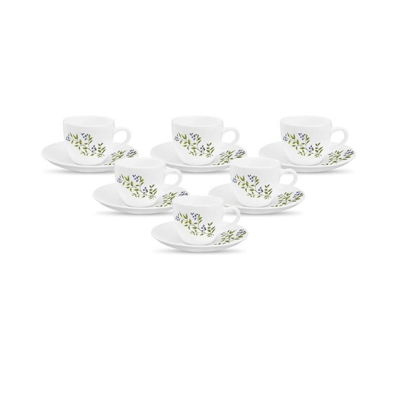 La Opala, Novo Collection Opal Glass Crockery | Cup and Saucer Lily, Set of 12 | Lush Greens, 150 ml | for Tea and Coffee | Microwave Safe | 100% Vegetarian | Extra Strong | Super Light | Super White