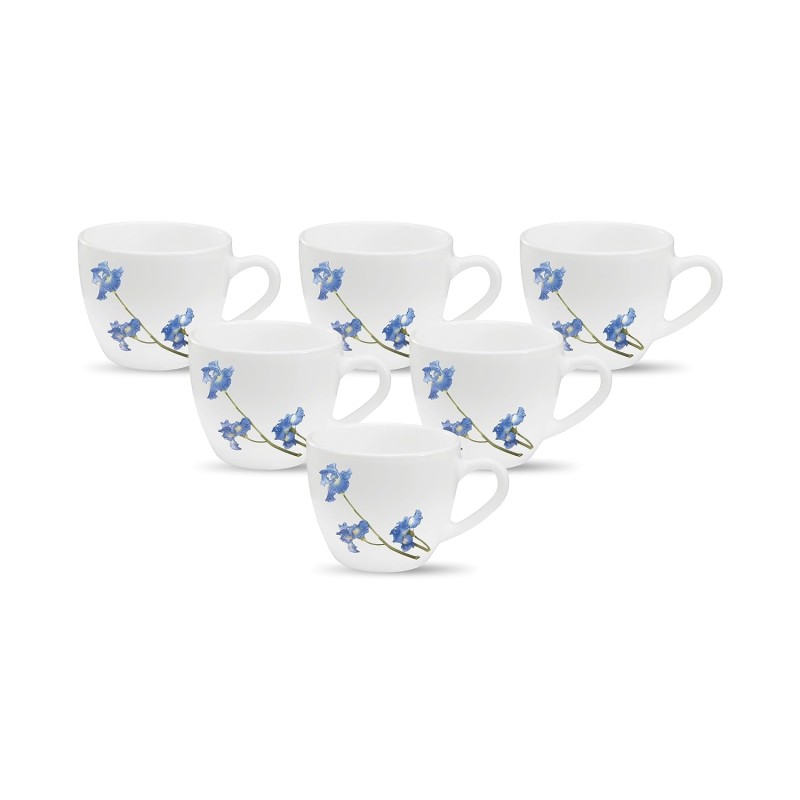 La Opala, Novo Collection Opal Glass Crockery | Cup Lily, Set of 6 | Blue Orchids, 150 ml | for Tea and Coffee | Microwave Safe | 100% Vegetarian | Toughened Extra Strong | Super Light | Super White
