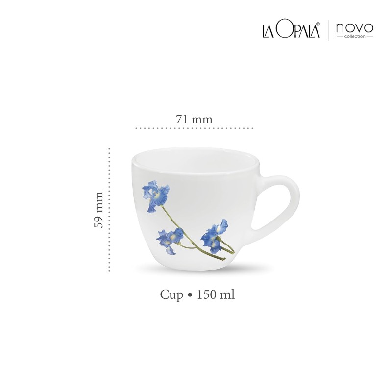 La Opala, Novo Collection Opal Glass Crockery | Cup Lily, Set of 6 | Blue Orchids, 150 ml | for Tea and Coffee | Microwave Safe | 100% Vegetarian | Toughened Extra Strong | Super Light | Super White