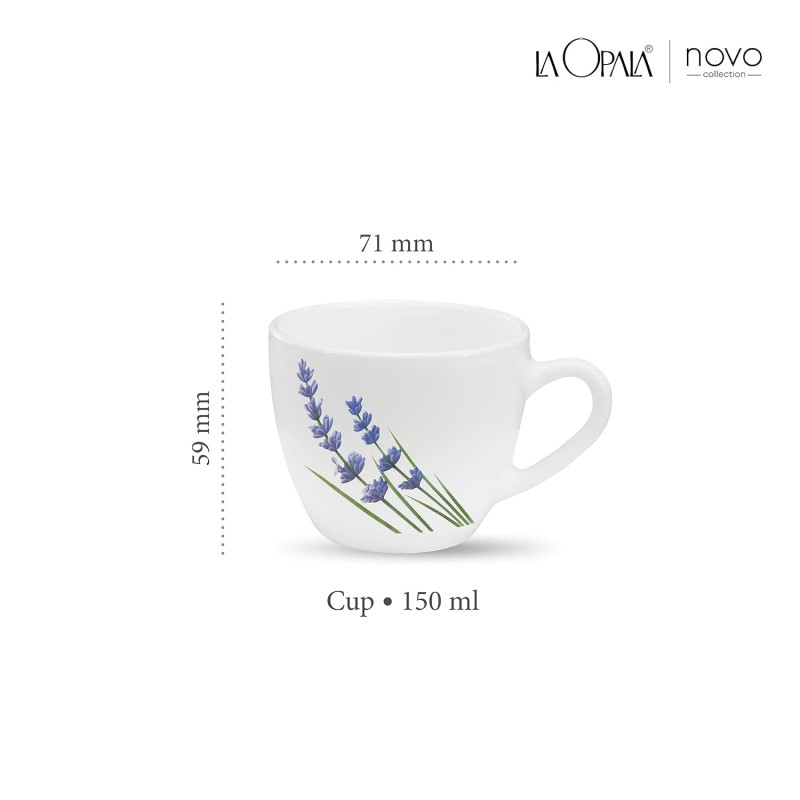 La Opala, Novo Collection Opal Glass Crockery | Cup Lily, Set of 6 | English Lavender, 150 ml | for Tea and Coffee | Microwave Safe | 100% Vegetarian | Toughened Extra Strong | Super Light | Super White