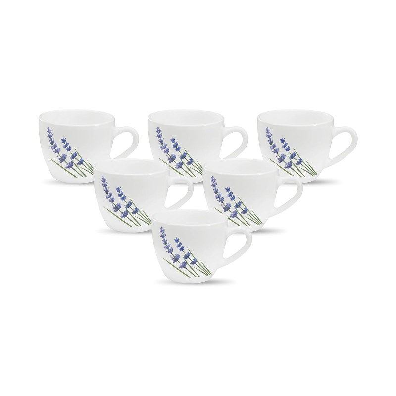 La Opala, Novo Collection Opal Glass Crockery | Cup Lily, Set of 6 | English Lavender, 150 ml | for Tea and Coffee | Microwave Safe | 100% Vegetarian | Toughened Extra Strong | Super Light | Super White