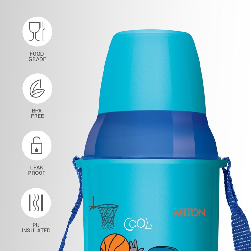 Milton Kool Kid 650 Plastic Insulated Water Bottle with Belt and Straw, 600 ml, Light Blue | PU Insulated | BPA Free | Easy to Carry | Leak Proof
