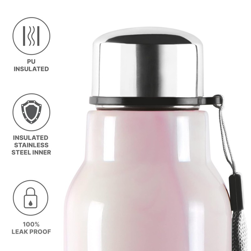Milton Steel Marble 900 Leak Proof, Hot and Cold, Wide Mouth and Easy to Open Insulated Inner Steel Outer Plastic Water Bottle, 630 ml, Pink, School | Office | Travel Bottle