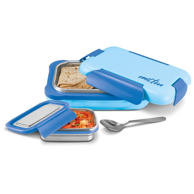 MILTON More Meal Large Steel Kids Lunch Box, Inner Stainless Steel Insulated Containers with Clip Lock Lid, 770ml and 175 ml, Airtight, Leakproof, for School and Picnic, Blue