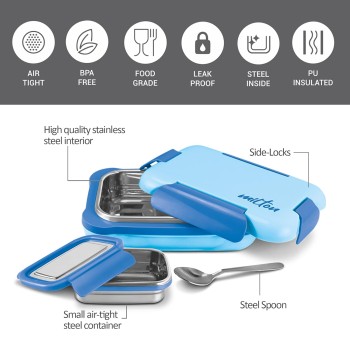 MILTON More Meal Large Steel Kids Lunch Box, Inner Stainless Steel Insulated Containers with Clip Lock Lid, 770ml and 175 ml, Airtight, Leakproof, for School and Picnic, Blue