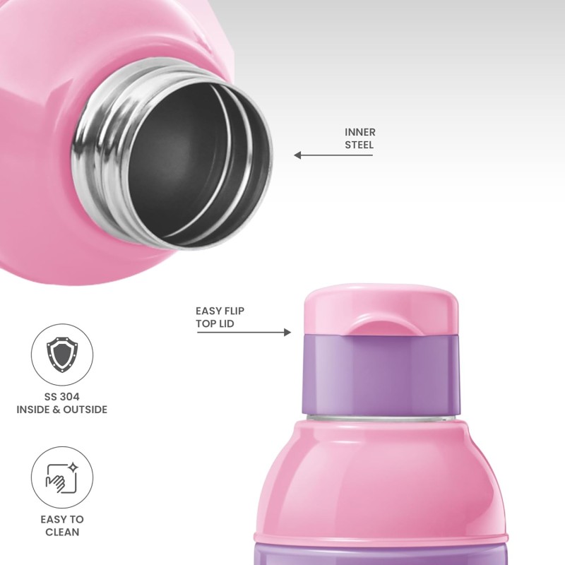 Milton Steel Barbie 900 Insulated Inner Stainless Steel Kids Water Bottle, 520 ml, Pink and Purple | PU Insulated | Hot and Cold | Easy to Carry | Leak Proof